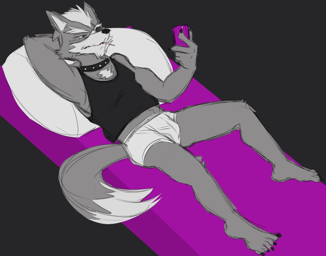 anthro barefoot biped black_background black_clothing black_shirt black_tank_top black_topwear black_underwear briefs bulge canid canine canis cellphone clothed clothing collar feet fur grey_body grey_fur male mammal nintendo phone pillow shirt simple_background solo star_fox tank_top teeth_showing thegreatmatsutzu tighty_whities topwear underwear video_games white_body white_briefs white_clothing white_fur white_underwear wolf wolf_o'donnell
