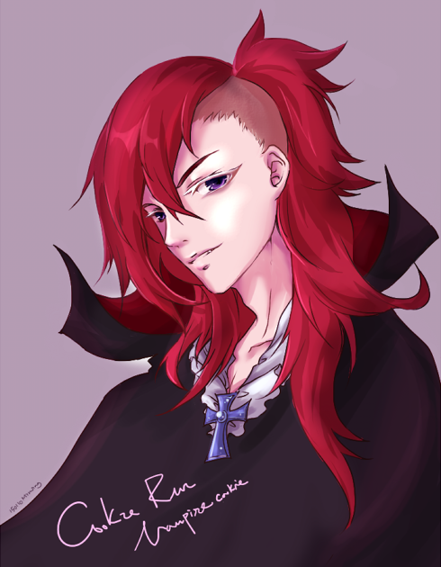 1boy artist_request blush collarbone cookie_run eyebrows fangs hair_over_one_eye humanization long_hair looking_at_viewer looking_down male_focus open_mouth personification purple_eyes red_hair solo teeth upper_body vampire vampire_cookie