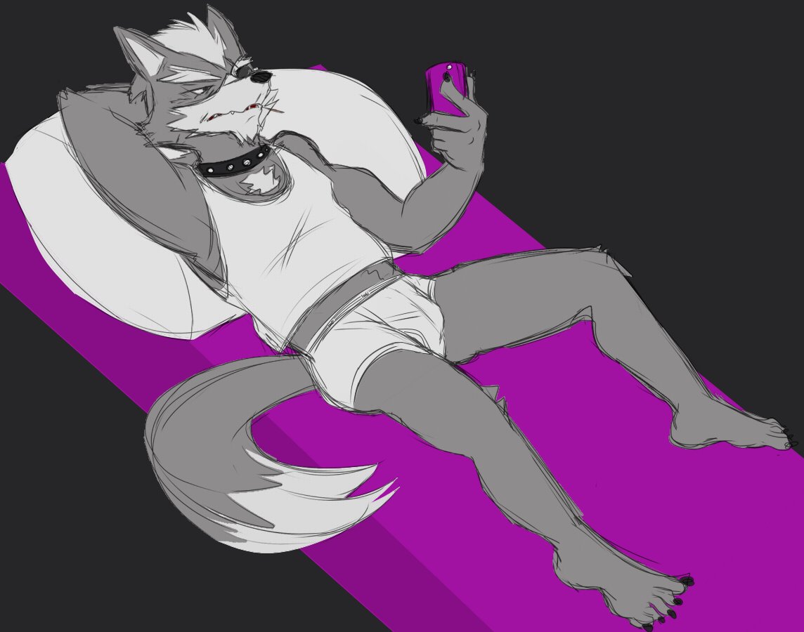 anthro barefoot biped black_background briefs bulge canid canine canis cellphone clothed clothing collar feet male mammal nintendo phone pillow shirt simple_background solo star_fox tank_top teeth_showing thegreatmatsutzu tighty_whities topwear underwear video_games white_briefs white_clothing white_shirt white_tank_top white_topwear white_underwear wolf wolf_o'donnell