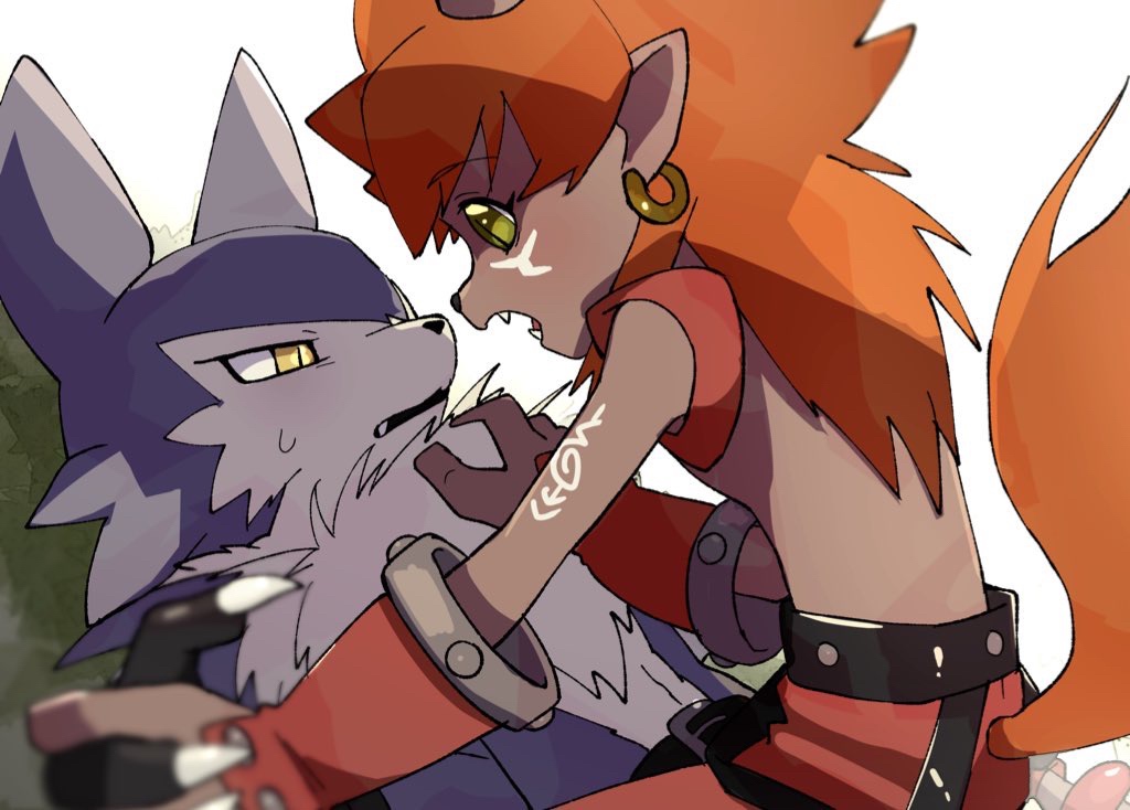 anthro bandai_namco digimon digimon_(species) duo ear_piercing ear_ring flamemon fur green_eyes grey_body grey_fur hair hand_holding male male/male piercing red_hair strabimon takedaconomi2 yellow_eyes