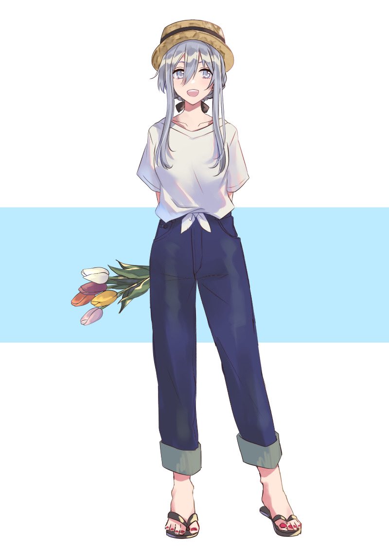 1girl 86_-eightysix- :d black_bow black_footwear blue_pants bouquet bow brown_headwear commentary full_body grey_eyes grey_hair hair_between_eyes hair_bow hat holding holding_bouquet looking_to_the_side nail_polish open_mouth pants red_nails sandals shirt shousuke smile solo sun_hat symbol-only_commentary t-shirt tied_shirt toenail_polish toenails vladilena_millize white_shirt