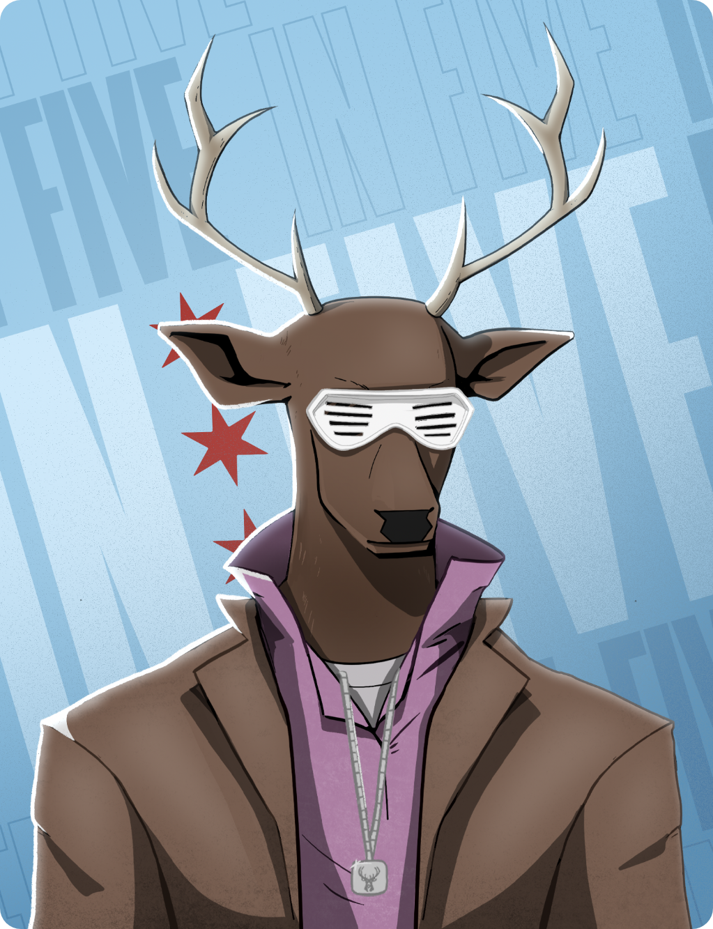 anthro antlers biped cervid chicago_flag clothing digital_media_(artwork) english_text eyewear hi_res horn jacket jewelry logo male mammal milwaukee_bucks nba necklace nft popped_collar portrait shutter_shades simple_background solo star sunglasses text topwear unknown_artist