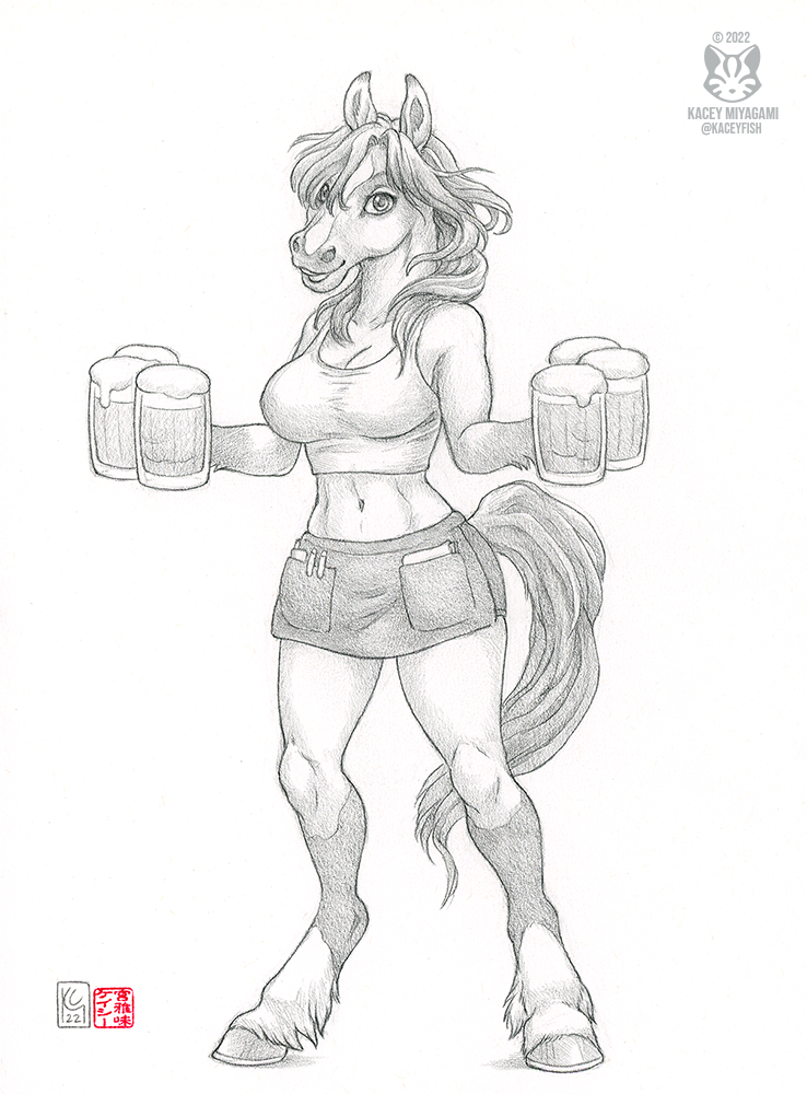 2022 alcohol anthro ballpoint beer beer_foam beer_glass beverage breasts cleavage clothed clothing equid equine female fully_clothed fur greyscale hair horse kacey looking_at_viewer mammal monochrome paper shirt smile solo tank_top topwear waiter