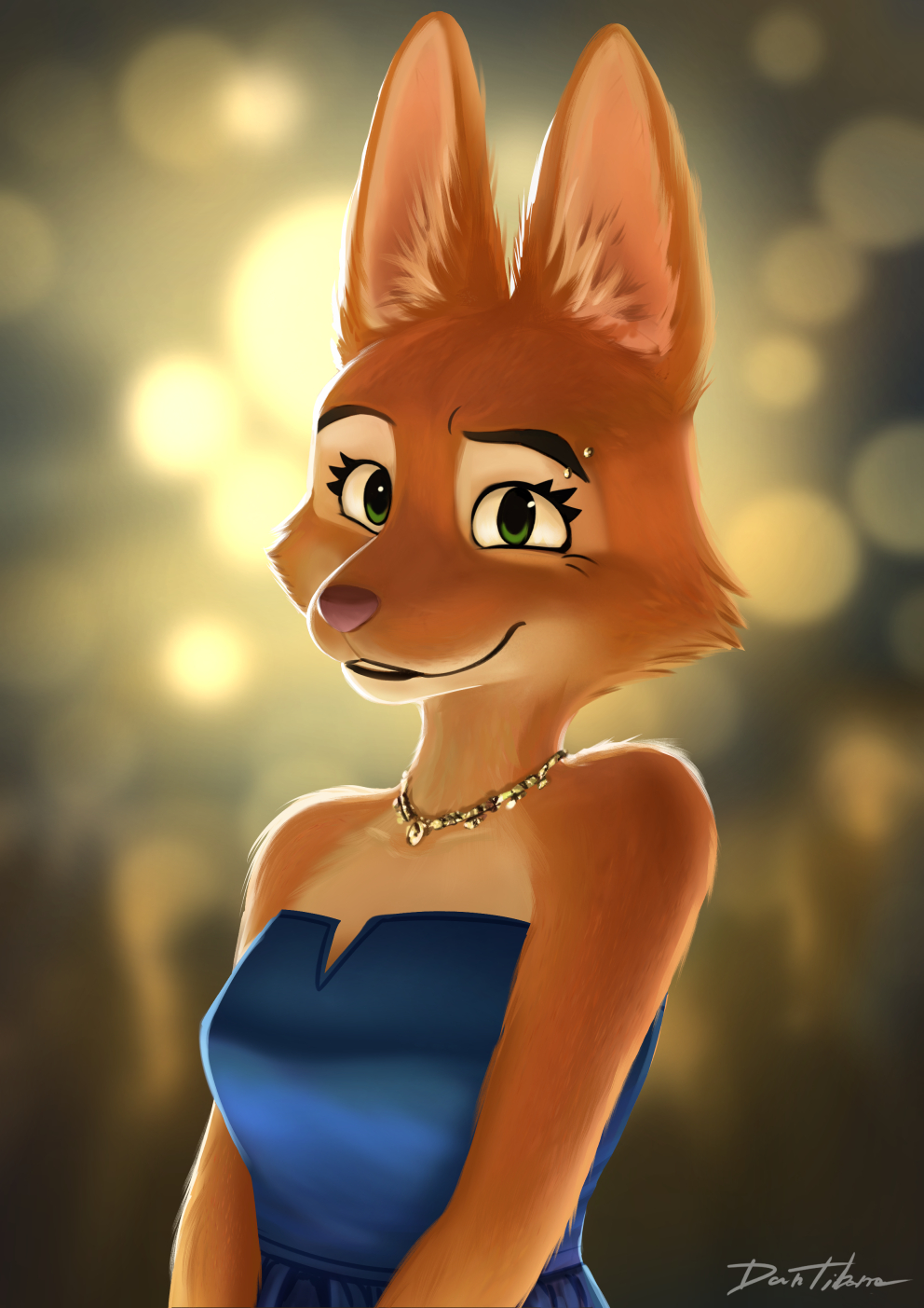 2022 anthro blue_clothing blue_dress blue_topwear blurred_background canid canine clothing daniel_tibana diane_foxington dreamworks dress female fireworks fox fur hi_res inner_ear_fluff jewelry mammal necklace signature smile solo the_bad_guys topwear tuft