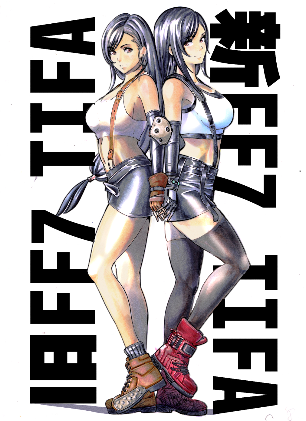 2girls back-to-back black_hair black_skirt black_thighhighs brown_eyes brown_footwear character_name crop_top dual_persona earrings elbow_pads final_fantasy final_fantasy_vii final_fantasy_vii_remake fingerless_gloves gloves highres holding_hands interlocked_fingers jewelry long_hair looking_at_viewer low-tied_long_hair miniskirt multiple_girls red_footwear sayamiya skirt suspender_skirt suspenders tank_top teardrop_earrings thighhighs tifa_lockhart white_tank_top