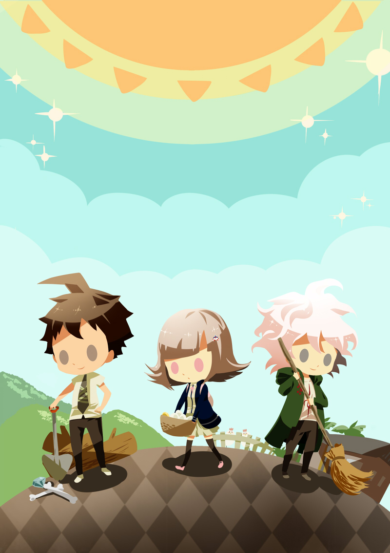 1girl 2boys ahoge backpack bag basket bird black_pants black_socks blue_sky bone broom brown_hair checkered_floor chibi chicken closed_mouth coat danganronpa_(series) danganronpa_2:_goodbye_despair fence gem green_coat grey_eyes grey_skirt hair_ornament hinata_hajime hitofutarai holding holding_basket holding_broom komaeda_nagito log multiple_boys nanami_chiaki pants pink_eyes pink_footwear shirt short_hair shovel skirt sky smile socks sparkle sun white_hair white_shirt