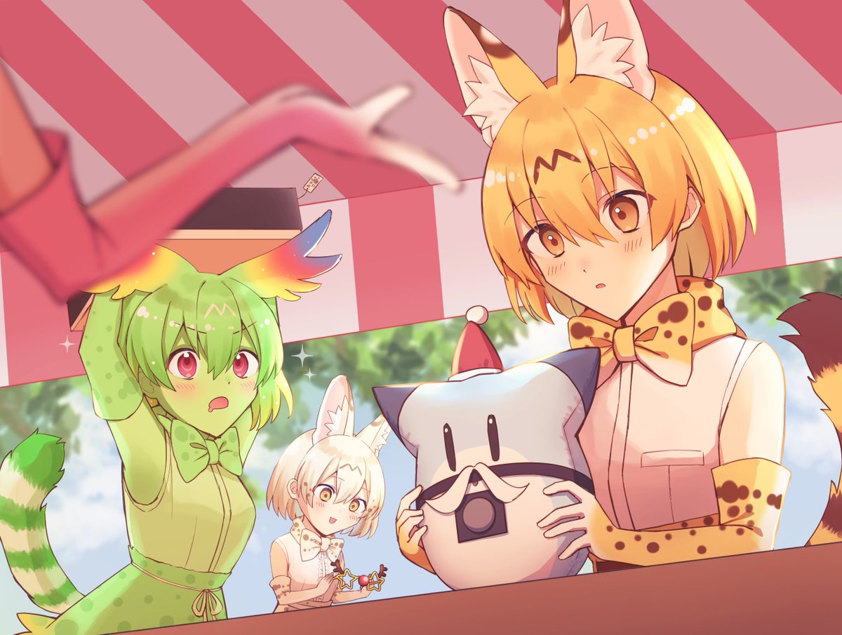 animal_ears blonde_hair bow bowtie cat_ears cat_girl cat_tail cellval elbow_gloves extra_ears gloves green_hair grey_eyes head_wings kemono_friends kemono_friends_3 lucky_beast_(kemono_friends) mitorizu_02 peach_panther_(kemono_friends) red_eyes serval_(kemono_friends) shirt short_hair skirt sleeveless sleeveless_shirt stuffed_toy tail white_hair white_serval_(kemono_friends) wings yellow_eyes