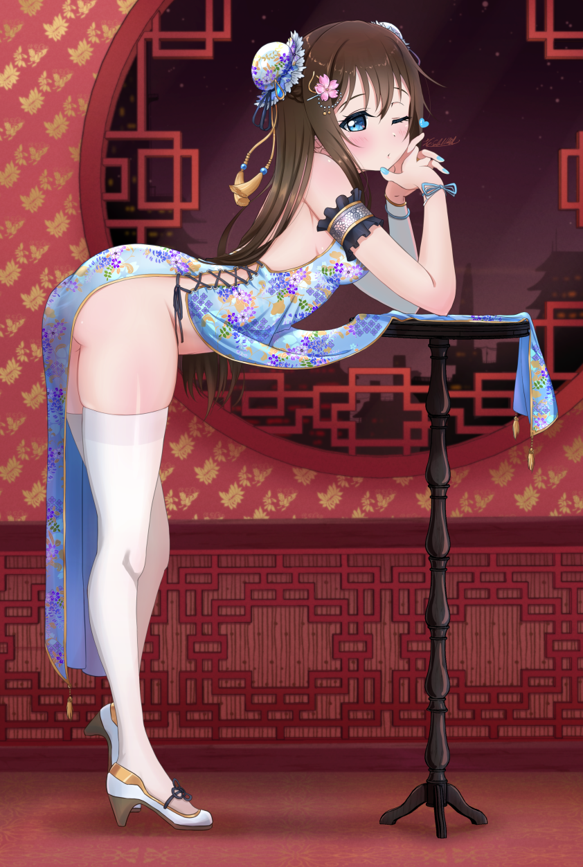 1girl armlet ass blue_dress blue_nails blush brown_hair china_dress chinese_clothes clothes_lift double_bun dress dress_lift floral_print hair_between_eyes hair_ornament hands_on_own_face heart high_heels highres leaning_forward long_hair looking_at_viewer love_live! love_live!_nijigasaki_high_school_idol_club nail_polish no_panties one_eye_closed ousaka_shizuku own_hands_clasped own_hands_together satolive20 sideless_outfit solo table thighhighs thighs white_legwear