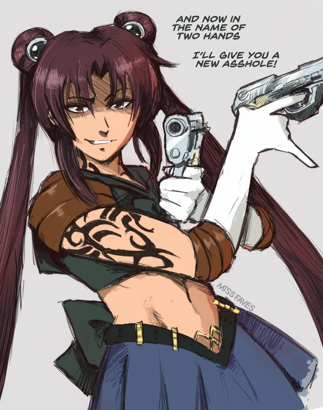 1girl alternate_costume bishoujo_senshi_sailor_moon black_lagoon breasts brown_hair cosplay dual_wielding english_commentary english_text gloves grey_background grin gun holding holding_gun holding_weapon jewelry long_hair looking_at_viewer midriff miss_faves navel revy_(black_lagoon) sailor_moon sailor_moon_(cosplay) sailor_senshi_uniform shoulder_tattoo skirt smile solo tattoo twintails weapon white_gloves