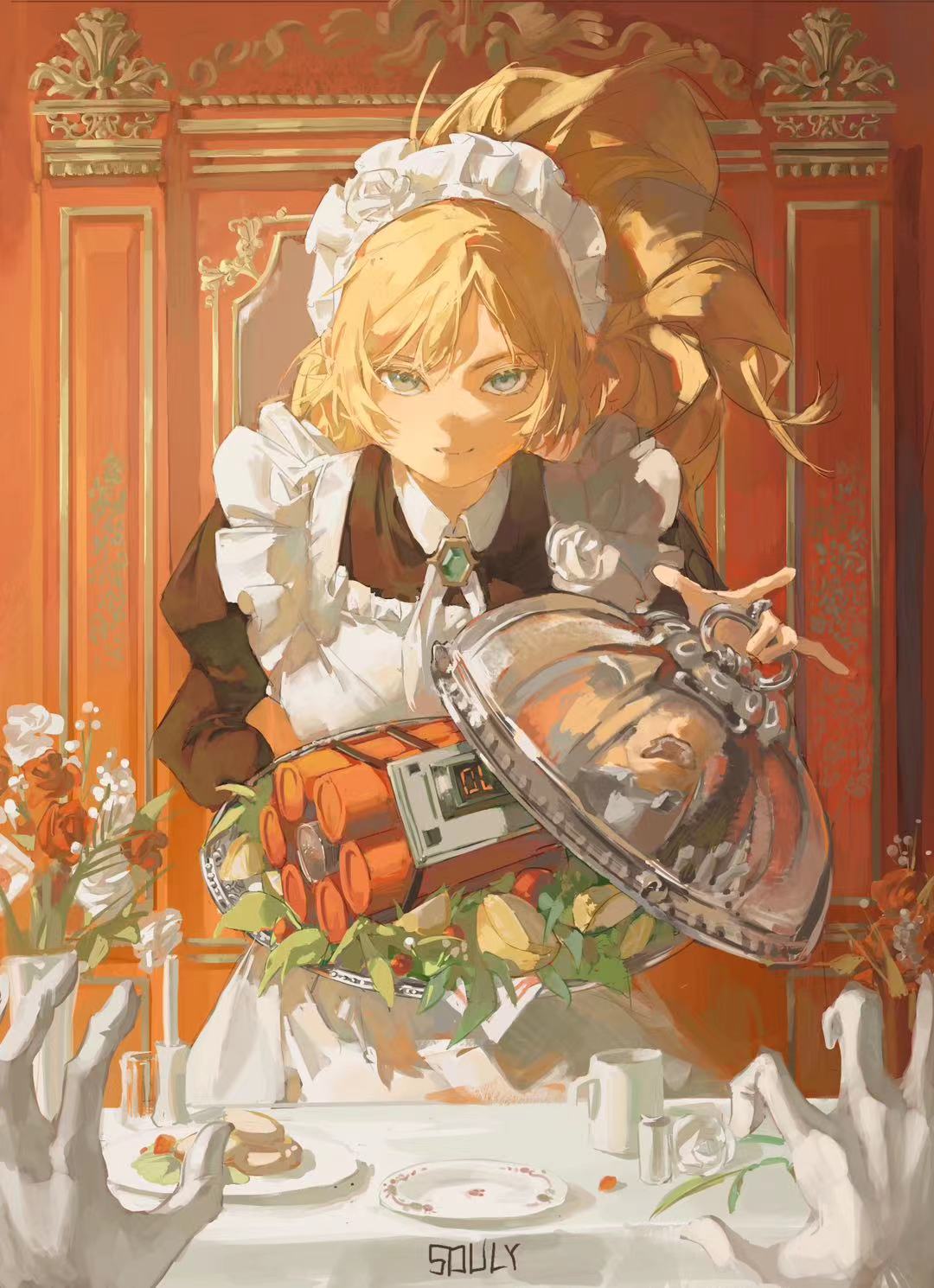 1girl apron artist_name black_dress blonde_hair blue_eyes bomb brooch christmas commentary cowboy_shot cup dress dynamite english_commentary explosive food frilled_apron frills gloves hands_up highres holding holding_tray indoors jewelry juliet_sleeves long_hair long_sleeves maid maid_headdress original plate ponytail pov pov_across_table pov_hands puffy_sleeves reflection salad serving_dome smile smirk souly straight-on time_bomb tray vase white_apron white_gloves