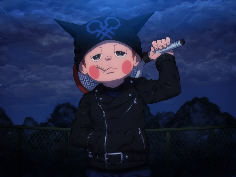 1boy animal_ear_headwear animal_ears beanie belt belt_buckle black_belt black_eyes black_jacket black_sleeves blue_sky blush_stickers brown_hair buckle buttons cat_ears cigarette closed_mouth cloud cloudy_sky collared_jacket commentary_request danganronpa_(series) danganronpa_v3:_killing_harmony fake_animal_ears frown half-closed_eyes hat holding holding_cigarette holding_tennis_racket hoshi_ryoma jacket kogarashi_8 leather leather_jacket long_sleeves looking_at_viewer male_focus mouth_hold night outdoors over_shoulder partial_commentary racket short_hair sky solo straight-on studded_belt tennis_court tennis_net tennis_racket tree upper_body v-shaped_eyebrows very_short_hair weapon weapon_over_shoulder zipper zipper_pull_tab
