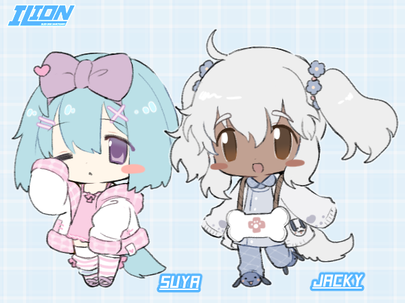 2girls :&lt; ahoge animal_ears animal_slippers anklet blouse blue_background blue_hair blue_pants blue_shirt blush_stickers bow brown_eyes camisole chibi closed_mouth coat collared_shirt cross-laced_footwear dark-skinned_female dark_skin dog_ears dog_girl dog_slippers dog_tail english_commentary flower_hairband full_body grey_hair grey_sweater hair_between_eyes hair_bow hair_ornament hairpin hand_up jewelry lapithai large_bow long_hair looking_at_viewer multiple_girls no_pupils one_eye_closed open_mouth original pants pink_camisole pink_footwear pink_socks plaid plaid_background purple_bow purple_eyes shirt sleeves_past_fingers sleeves_past_wrists slippers socks solo standing standing_on_one_leg striped striped_socks sweater tail thighhighs white_coat white_socks white_thighhighs