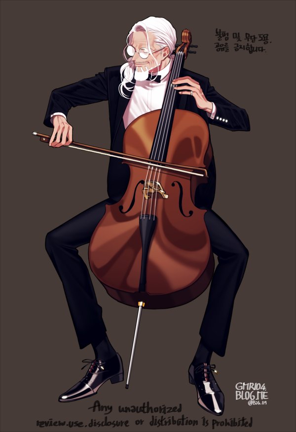 1boy beard black_jacket black_pants bow closed_eyes commentary_request deogbab double_bass facial_hair glasses grey_background instrument jacket jewelry korean_commentary low_ponytail male_focus music one_piece pants playing_instrument ponytail ring shoes silvers_rayleigh simple_background smile solo white_beard white_hair