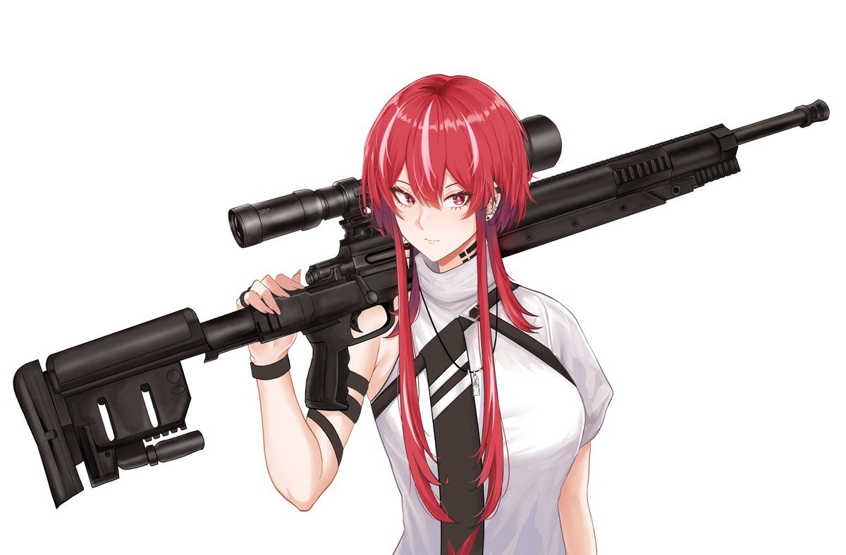 1girl arm_strap aspira_project black_wristband breasts closed_mouth deroo earrings gun jewelry long_hair multicolored_hair necklace over_shoulder red_eyes red_hair rifle scope shirt single_sleeve sniper_rifle solo streaked_hair upper_body vermelha_scarlet virtual_youtuber weapon weapon_over_shoulder white_hair white_shirt