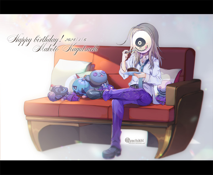 1boy black_footwear blonde_hair blue_necktie character_name collared_shirt commentary_request couch covered_face dated fruit_punch full_body happy_birthday jack-o'-lantern long_hair long_sleeves makoto_kagutsuchi male_focus mask master_detective_archives:_rain_code necktie on_couch pants purple_pants shirt shoes sitting smile solo stuffed_toy white_shirt