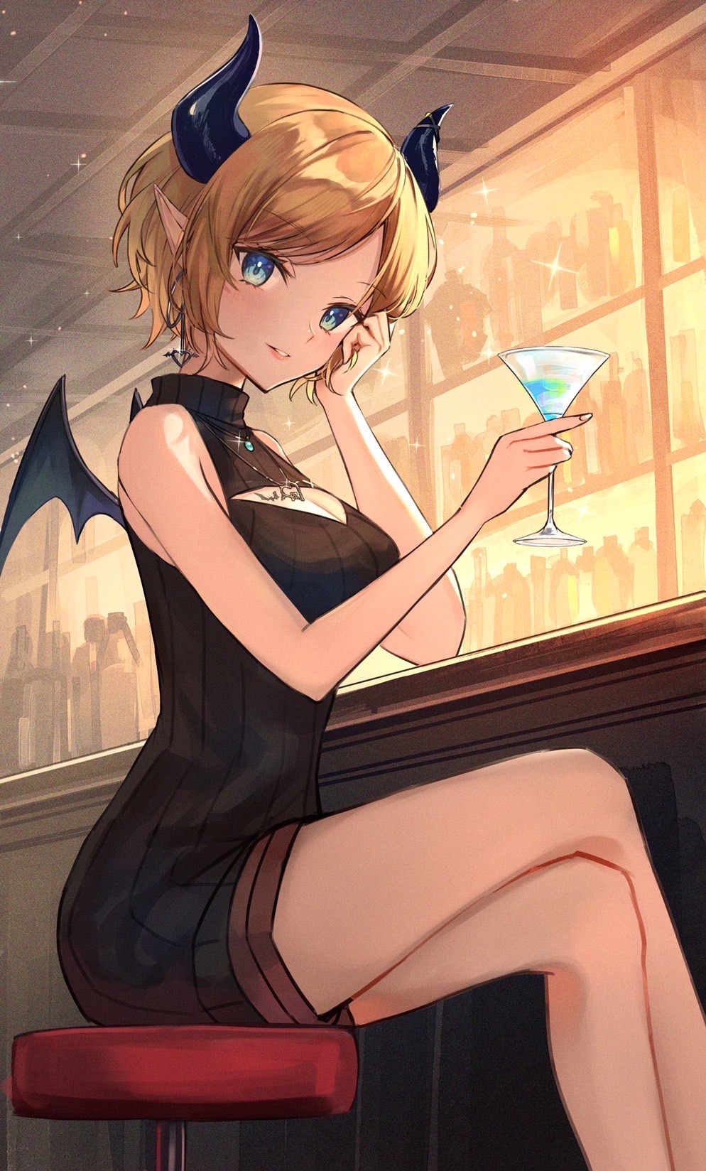 1girl adjusting_hair alcohol alternate_hairstyle bar_(place) bar_stool bare_shoulders black_dress black_horns black_sweater blonde_hair blue_eyes breasts cleavage cleavage_cutout closed_mouth clothing_cutout cocktail cocktail_glass commentary crossed_legs cup demon_girl demon_horns demon_wings dress drink drinking_glass english_commentary feet_out_of_frame hands_up highres holding holding_drink hololive horns indoors jewelry large_breasts looking_at_viewer necklace official_alternate_costume official_alternate_hair_length official_alternate_hairstyle pixie_cut pointy_ears short_dress short_hair sitting sleeveless sleeveless_dress sleeveless_sweater sleeveless_turtleneck smile solo stool sweater sweater_dress swept_bangs turtleneck turtleneck_sweater virtual_youtuber wings xyunx yuzuki_choco yuzuki_choco_(6th_costume)