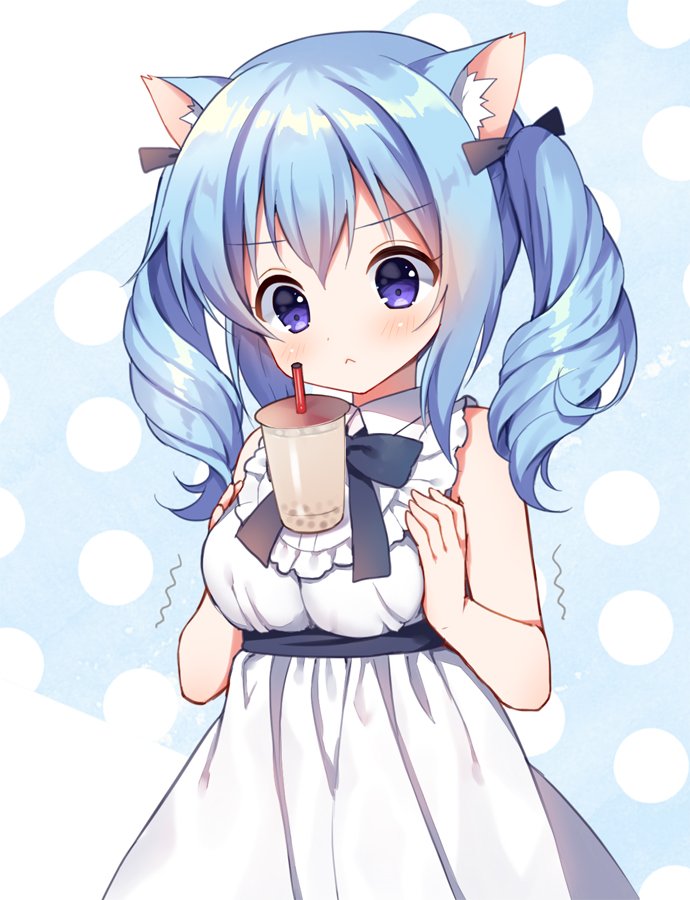 &gt;:( 1girl animal_ear_fluff animal_ears artist_request blue_hair blush bow bubble_tea_challenge cat_ears cat_girl check_artist double-parted_bangs dress frilled_dress frills hair_bow hand_on_own_chest mauve object_on_breast original purple_eyes ronne-chan_(mauve) sash solo third-party_source twintails underbust v-shaped_eyebrows white_dress