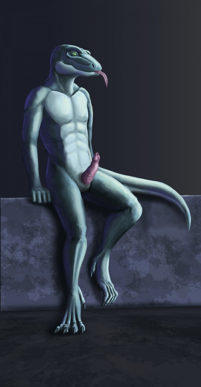 2015 animal_genitalia anthro erection genital_slit genitals green_body green_eyes green_scales hi_res lizard looking_at_viewer male mitokep nude one_foot_raised pecs reptile scales scalie sitting sitting_on_wall slit solo tongue tongue_out