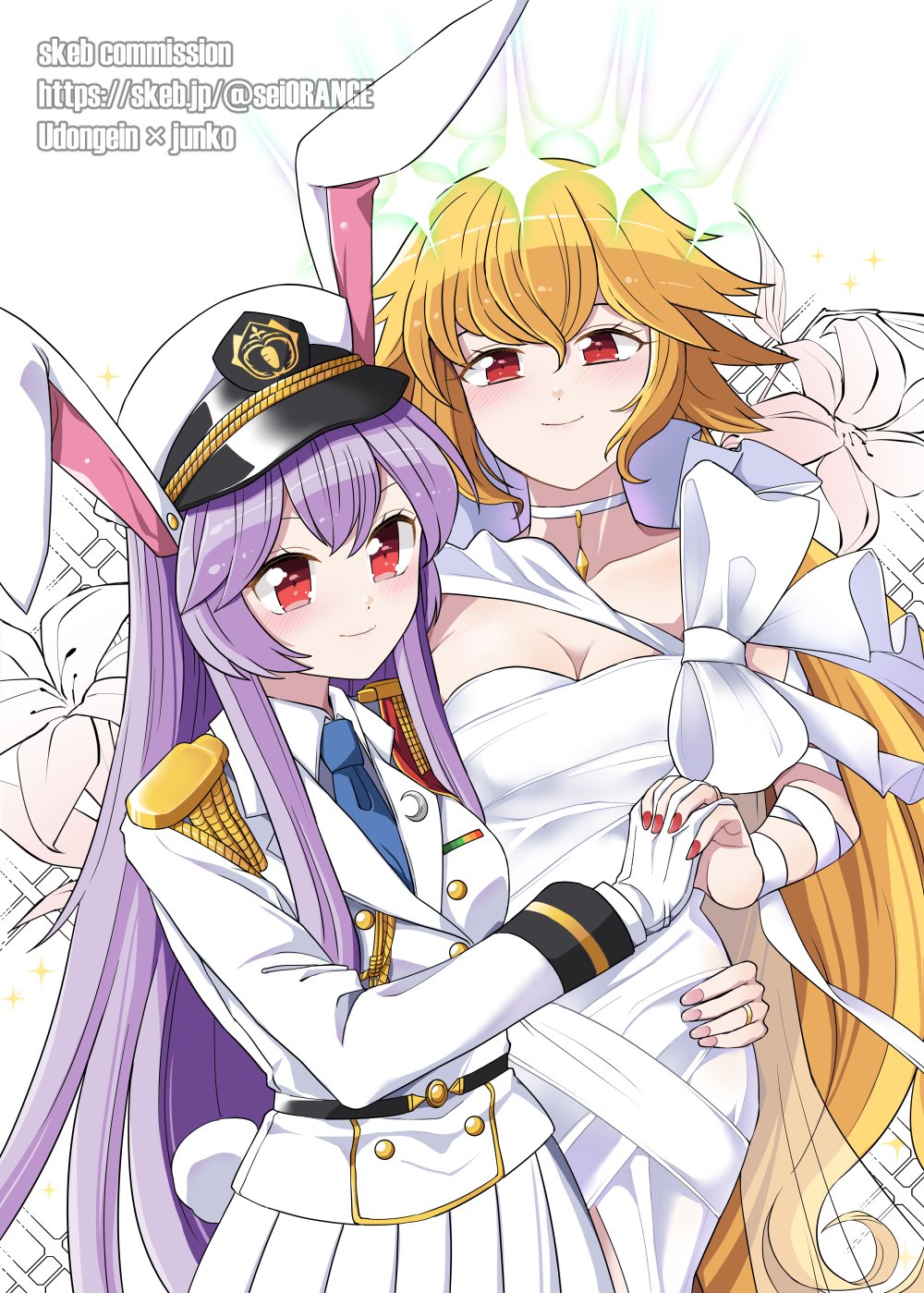 2girls animal_ears blonde_hair blush breasts cleavage epaulettes flower gloves hand_on_another's_hip hat highres holding_hands jewelry junko_(touhou) junko_(white_void_steeped_in_madness)_(touhou) lily_(flower) long_hair military_uniform multiple_girls naval_uniform necktie purple_hair rabbit_ears rabbit_girl rabbit_tail red_eyes reisen_udongein_inaba reisen_udongein_inaba_(special_investigation_white_rabbit) ring sei_(kaien_kien) smile tail touhou touhou_lost_word uniform wedding_ring wife_and_wife yuri