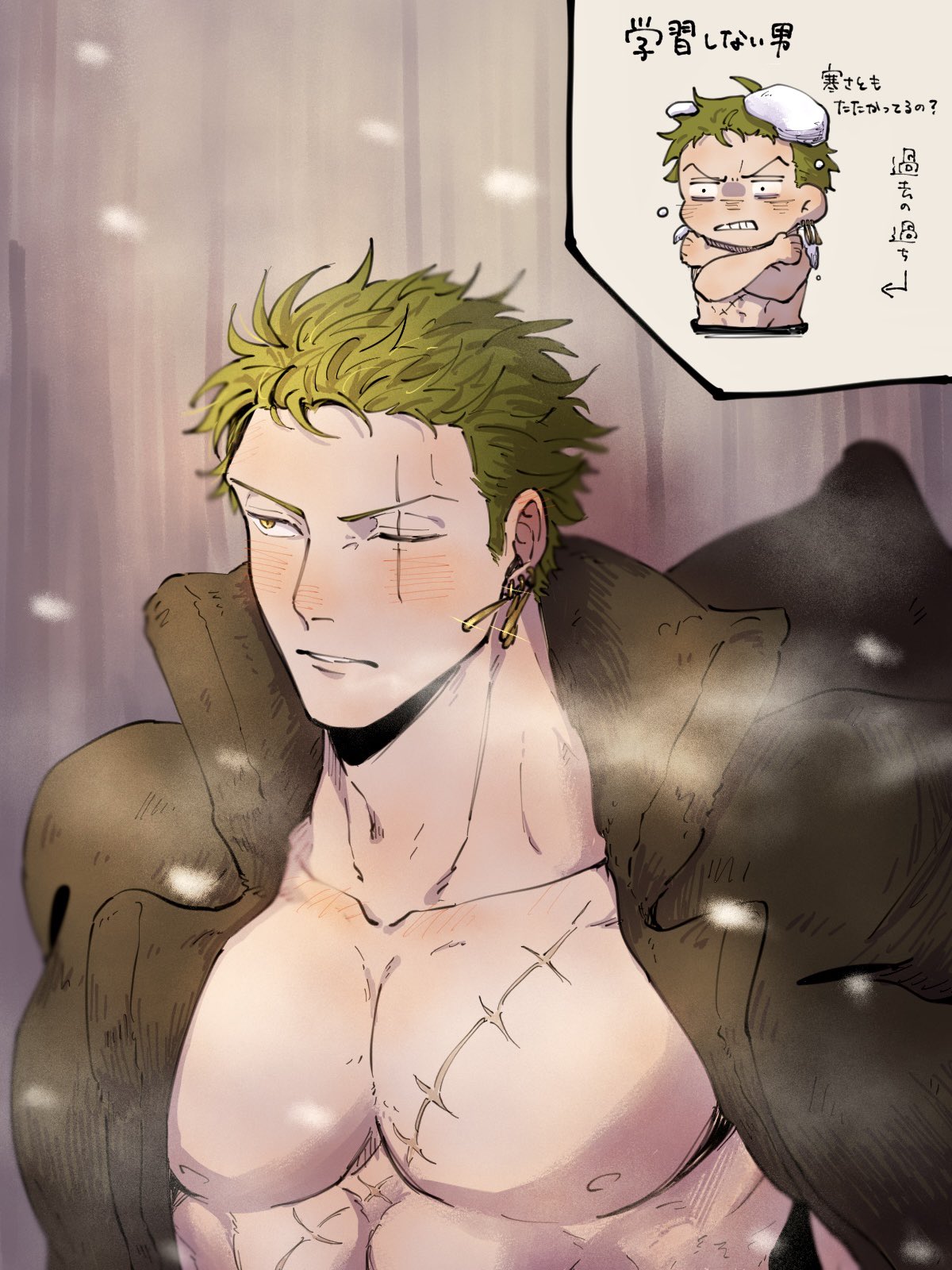 1boy bishounen blush chibi chibi_inset chimaaa333 coat cold earrings green_hair highres jewelry long_sideburns male_focus one_piece roronoa_zoro scar scar_across_eye scar_on_chest scar_on_face short_hair sideburns solo wind winter winter_clothes winter_coat