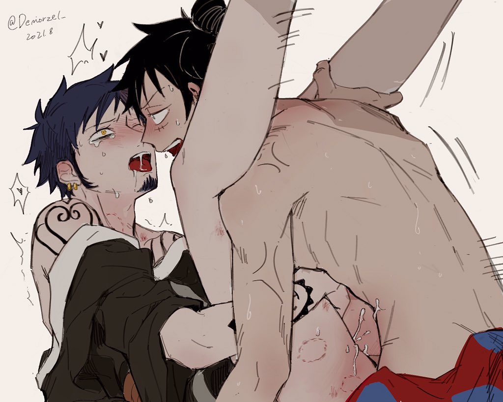 2boys anger_vein arm_tattoo ass bite_mark black_hair black_kimono blush clothed_sex commentary_request cum demorzel earrings facial_hair full-face_blush goatee heart hickey implied_sex japanese_clothes jewelry kimono leg_grab legs_up looking_at_another male_focus monkey_d._luffy motion_lines multiple_boys muscular muscular_male one_eye_closed one_piece open_mouth penis rough_sex sex short_hair shoulder_tattoo sweat tattoo tongue tongue_out trafalgar_law yaoi yellow_eyes