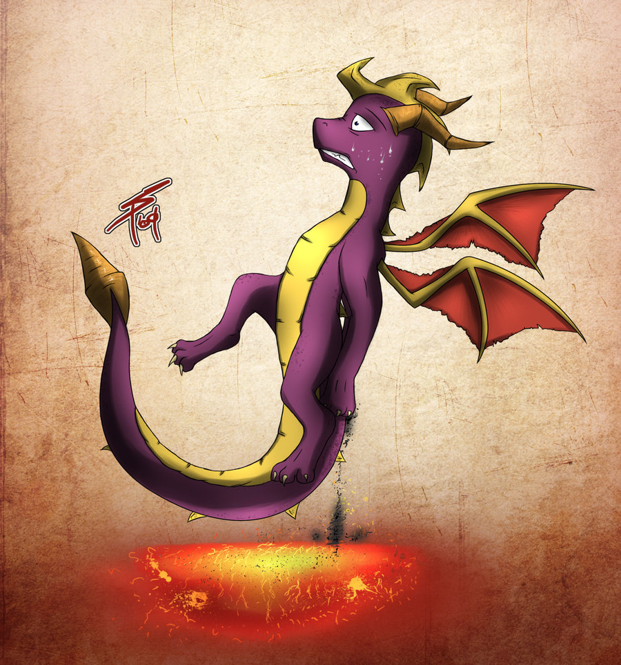 activision bodily_fluids burning butt_on_fire dragon feral fire hand_on_butt lava male membrane_(anatomy) membranous_wings microsoft pain slawomiro solo spyro spyro_the_dragon sweat wings xbox_game_studios
