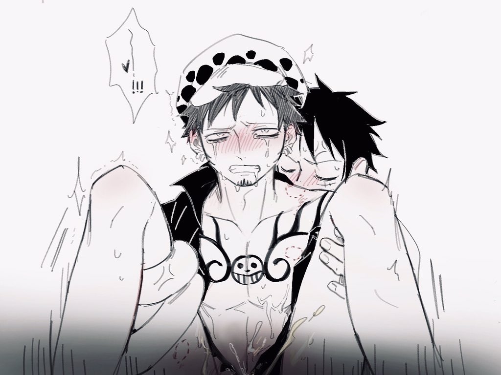 2boys anger_vein bite_mark blush chest_tattoo clenched_teeth closed_eyes commentary_request crying crying_with_eyes_open cum demorzel earrings ejaculation facial_hair full-face_blush fur_hat goatee hat heart implied_sex jewelry leg_grab male_focus monkey_d._luffy monochrome motion_lines multiple_boys one_piece reverse_suspended_congress shirt short_hair spread_legs stretched_limb sweat tattoo tears teeth trafalgar_law yaoi