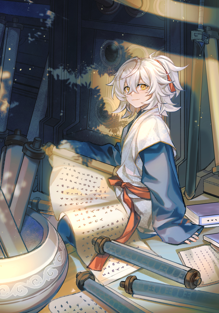 1boy aged_down arm_support book child chinese_clothes cyotsy dappled_sunlight from_side hair_between_eyes hair_ribbon half_updo hanfu highres honkai:_star_rail honkai_(series) indoors jing_yuan layered_sleeves light_particles long_sleeves looking_at_viewer looking_to_the_side mole mole_under_eye on_floor ponytail red_ribbon ribbon sash scroll short_hair short_over_long_sleeves short_sleeves sleeves_past_wrists smile sunlight sword vase weapon white_hair yellow_eyes