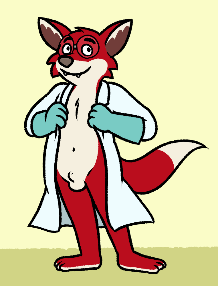 animal_genitalia anthro balls barefoot bob's_burgers bottomless canid canine clothed clothing coat eyewear feet fox fur genitals glasses gloves handwear lab_coat lab_coat_only looking_at_viewer male mammal nishi_oxnard professor_foxtail red_body red_fur sheath solo standing topwear