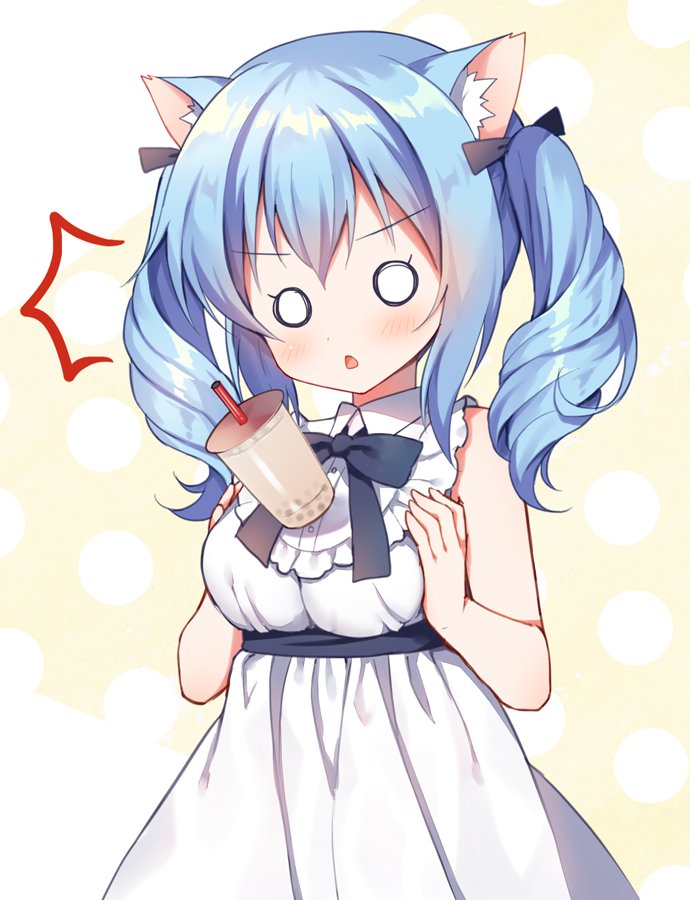 1girl ^^^ animal_ear_fluff animal_ears artist_request blue_hair blush bow bubble_tea_challenge_failure cat_ears cat_girl check_artist chestnut_mouth double-parted_bangs dress frilled_dress frills hair_bow hand_on_own_chest mauve o_o object_on_breast original ronne-chan_(mauve) sash solo third-party_source twintails underbust v-shaped_eyebrows white_dress