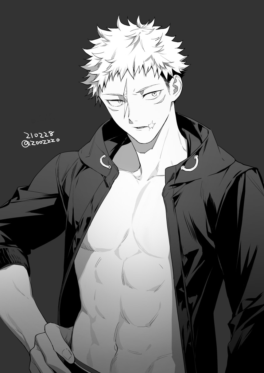 1boy abs collarbone commentary_request facial_mark greyscale hand_on_hip highres hood hoodie itadori_yuuji jujutsu_kaisen looking_to_the_side male_focus monochrome muscular muscular_male navel no_shirt open_clothes pectorals scar scar_on_face scar_on_mouth short_hair solo undercut wuzhiang_liufu