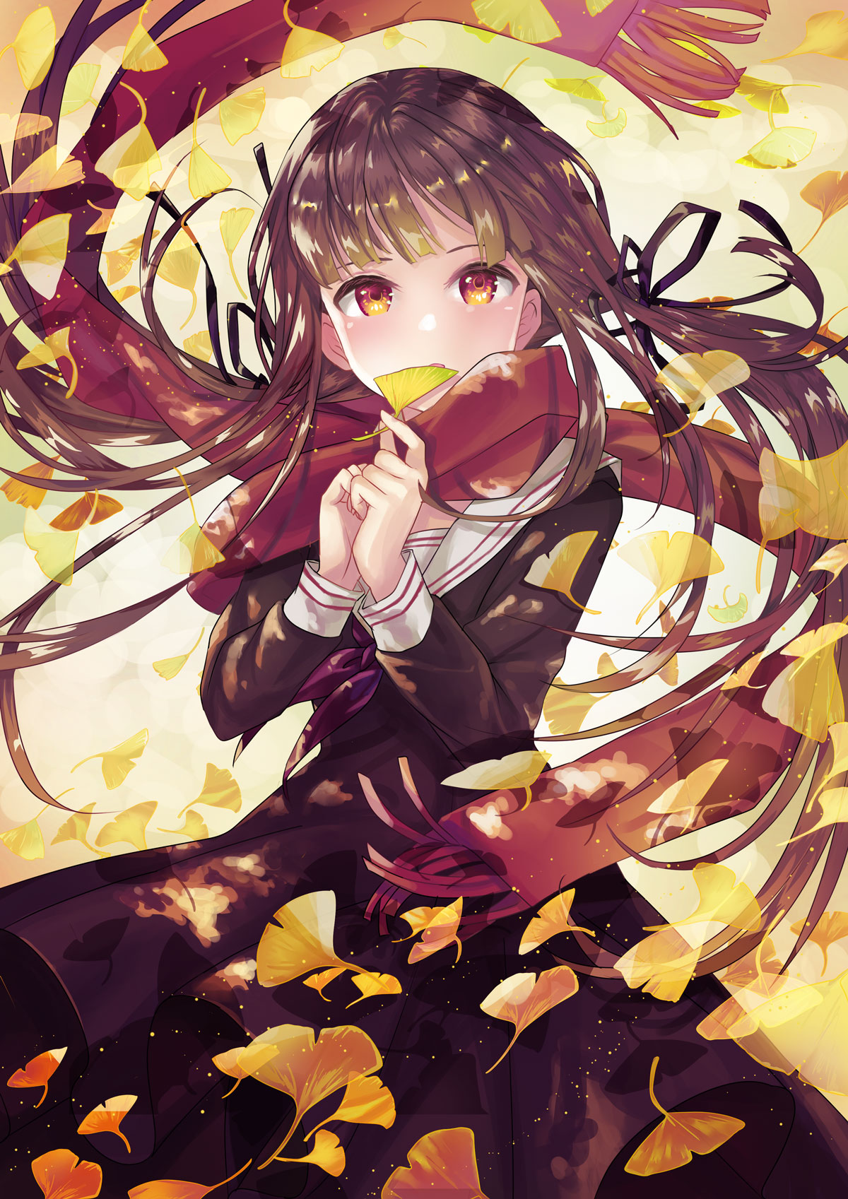 1girl blush brown_hair covering_mouth dress falling_leaves floating_hair ginkgo_leaf hair_ribbon highres holding holding_leaf leaf long_hair long_sleeves looking_at_viewer neckerchief open_mouth orange_eyes original ribbon sailor_dress scarf school_uniform serafuku solo unigon_(kitsutsuki) very_long_hair