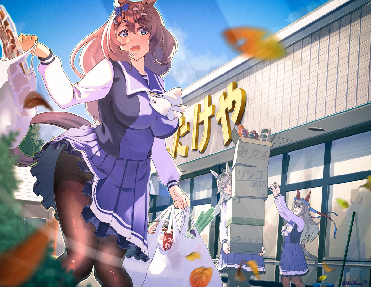 animal_ears baguette blue_hairband bow bowtie box bread breasts brown_hair brown_pantyhose clothes_lift commentary_request ear_covers falling_leaves feet_out_of_frame flat_chest food grey_hair hair_between_eyes hairband horse_ears horse_girl horse_tail knees_together_feet_apart large_breasts leaf long_hair looking_to_the_side medium_bangs multicolored_shirt multiple_girls oguri_cap_(umamusume) open_mouth pantyhose pringles_can purple_shirt purple_skirt reihou19 school_uniform shirt skirt skirt_lift spring_onion standing super_creek_(umamusume) supermarket tail tamamo_cross_(umamusume) thighband_pantyhose tracen_school_uniform twitter_username umamusume very_long_hair white_bow white_bowtie wind wind_lift winter_uniform