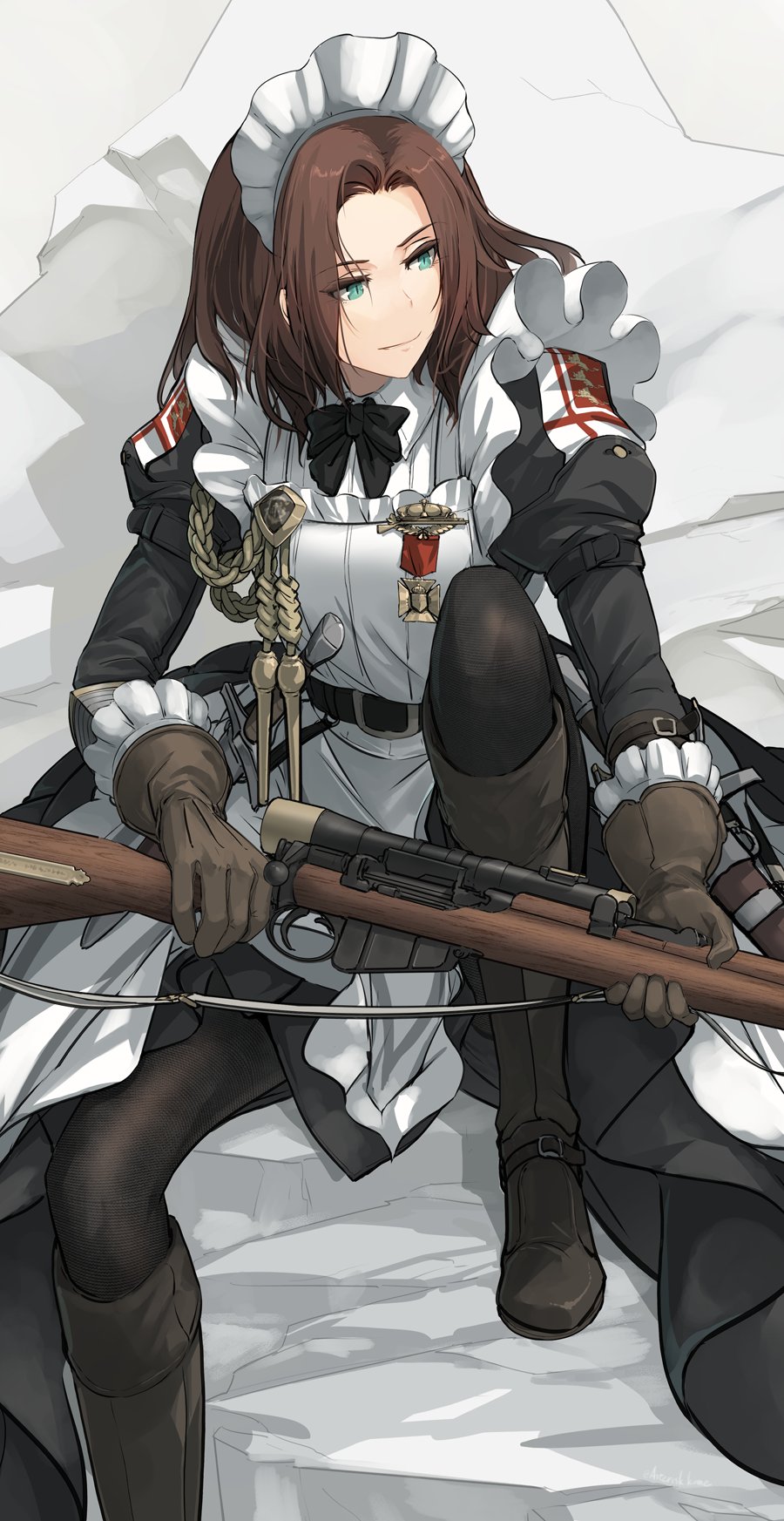 1girl aiguillette apron asterisk_kome belt black_dress black_pantyhose bolt_action boots bow bowtie brown_footwear brown_gloves brown_hair dress frilled_apron frilled_gloves frills gloves green_eyes gun highres holding holding_gun holding_weapon knee_boots knee_up knife long_hair looking_to_the_side magazine_(weapon) maid maid_apron maid_headdress medal military original pantyhose puffy_sleeves rifle scope sitting sniper_rifle solo strap weapon white_apron