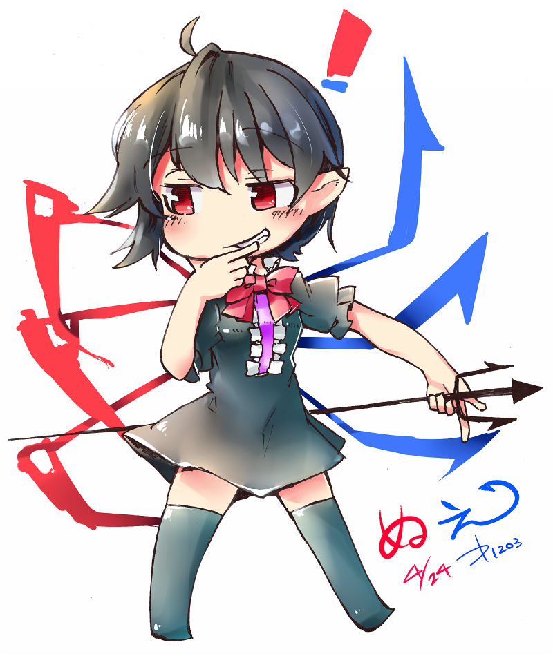 1girl asymmetrical_wings black_dress black_hairband black_thighhighs blue_wings bow bowtie center_frills chibi dress frills full_body hairband holding_trident houjuu_nue kibayashi_kimori no_shoes one-hour_drawing_challenge open_mouth pointy_ears red_bow red_bowtie red_eyes red_wings short_dress simple_background solo standing teeth thighhighs touhou white_background wings