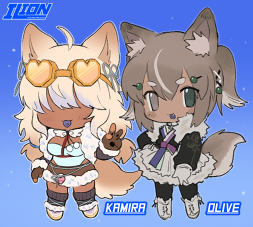 2girls ahoge animal_ear_fluff animal_ears animal_hands black_hanbok black_leg_warmers black_pantyhose blue_background blue_leotard blue_ribbon boots brown_gloves brown_hair brown_skirt chest_harness chibi chow_chow colored_tongue dark-skinned_female dark_skin dog_ears dog_girl dog_tail ear_ribbon english_commentary facing_viewer fang full_body fur-trimmed_footwear fur-trimmed_skirt fur_collar fur_trim gloves gradient_background green_eyes grey_eyes grey_footwear grey_skirt hair_between_eyes hair_ornament hair_over_eyes hairpin hanbok hand_on_own_hip harness korean_clothes lapithai leotard long_sleeves looking_at_viewer low_twintails medium_hair multiple_girls open_mouth original pantyhose partially_fingerless_gloves paw_gloves piercing pigeon-toed purple_tongue ribbon short_eyebrows simple_background skirt snowing solo standing tail tongue tongue_out tongue_piercing twintails two_side_up v
