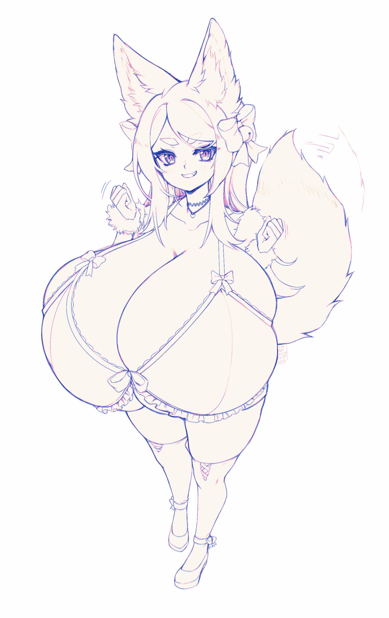 accessory animal_humanoid big_breasts big_tail bow_ribbon bra breasts cakecatboy canid canid_humanoid canine canine_humanoid cinnamon_(cakecatboy) cleavage clothed clothing female fox_humanoid hair_accessory hair_bow hair_ribbon hi_res huge_breasts humanoid hyper hyper_breasts looking_at_viewer mammal mammal_humanoid motion_lines ribbons short_stack side_boob simple_background smile solo standing tail teeth thick_thighs underwear