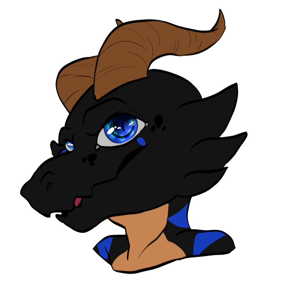 belly black_body black_scales blue_eyes blue_pattern draconic headshot_portrait jex_the_kobold kobold male portrait scales scalie solo tan_belly