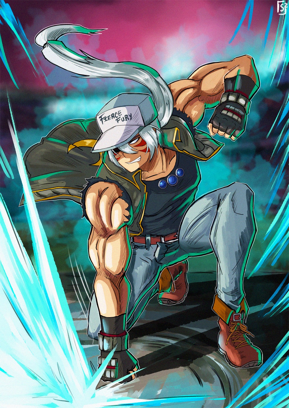 alternate_costume alternate_eye_color alternate_hair_color aura bare_arms baseball_cap belt blue_gemstone clothes_writing corruption crescent crossover dark_persona english_text evil_smile facial_tattoo fatal_fury fingerless_gloves gem gloves hat highres long_hair nintendo no_pupils ponytail possessed punching shoes smile stoic_seraphim super_smash_bros. tattoo terry_bogard the_king_of_fighters the_legend_of_zelda the_legend_of_zelda:_majora's_mask white_eyes white_hair