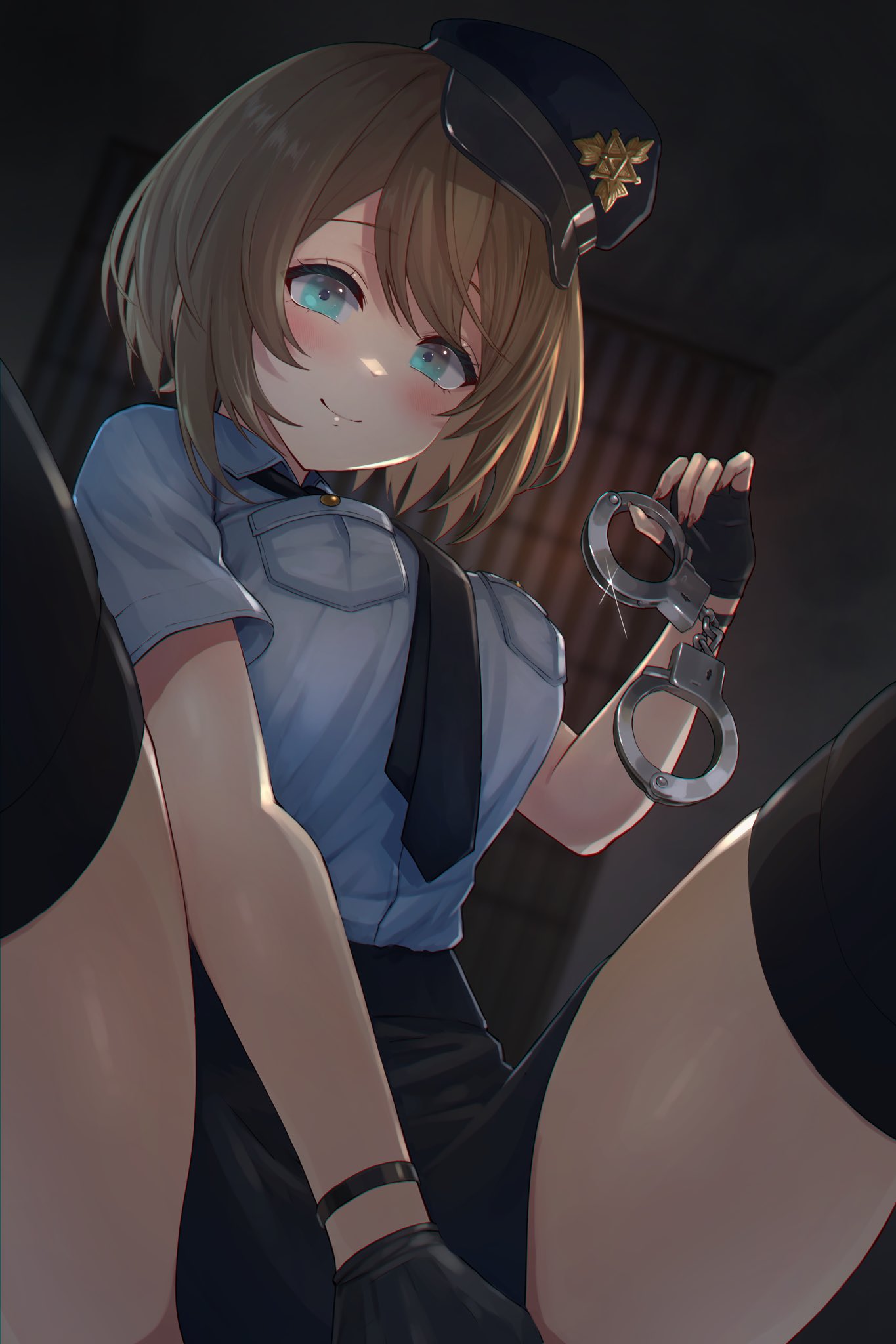 1girl aogiri_koukou aqua_eyes black_gloves black_headwear black_necktie black_skirt black_thighhighs blue_shirt breast_pocket breasts brown_hair closed_mouth collared_shirt cuffs fingerless_gloves gloves handcuffs hat highres holding holding_handcuffs kkix25 kurikoma_komaru necktie pencil_skirt pocket police police_hat police_uniform policewoman shirt short_sleeves skirt solo spread_legs thighhighs uniform virtual_youtuber