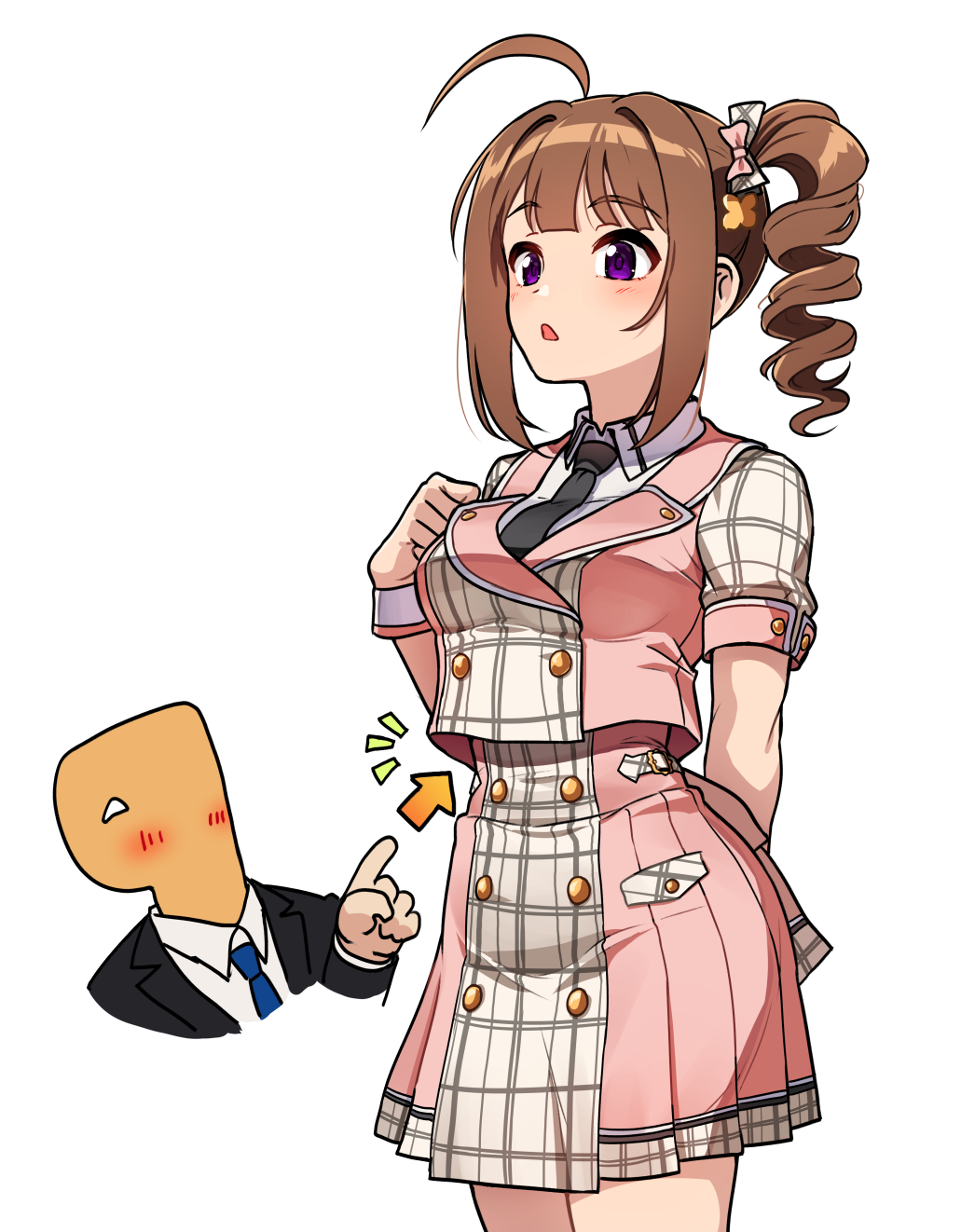 1girl 1other ahoge arrow_(symbol) black_jacket black_necktie blue_necktie brown_hair commentary drill_hair formal highres idol_clothes idolmaster idolmaster_million_live! idolmaster_million_live!_theater_days jacket kamille_(vcx68) long_hair looking_at_another necktie open_mouth p-head_producer pink_shirt pink_skirt plaid plaid_shirt plaid_skirt producer_(idolmaster) puffy_short_sleeves puffy_sleeves purple_eyes revision shirt short_sleeves side_drill simple_background skirt standing suit white_background yokoyama_nao