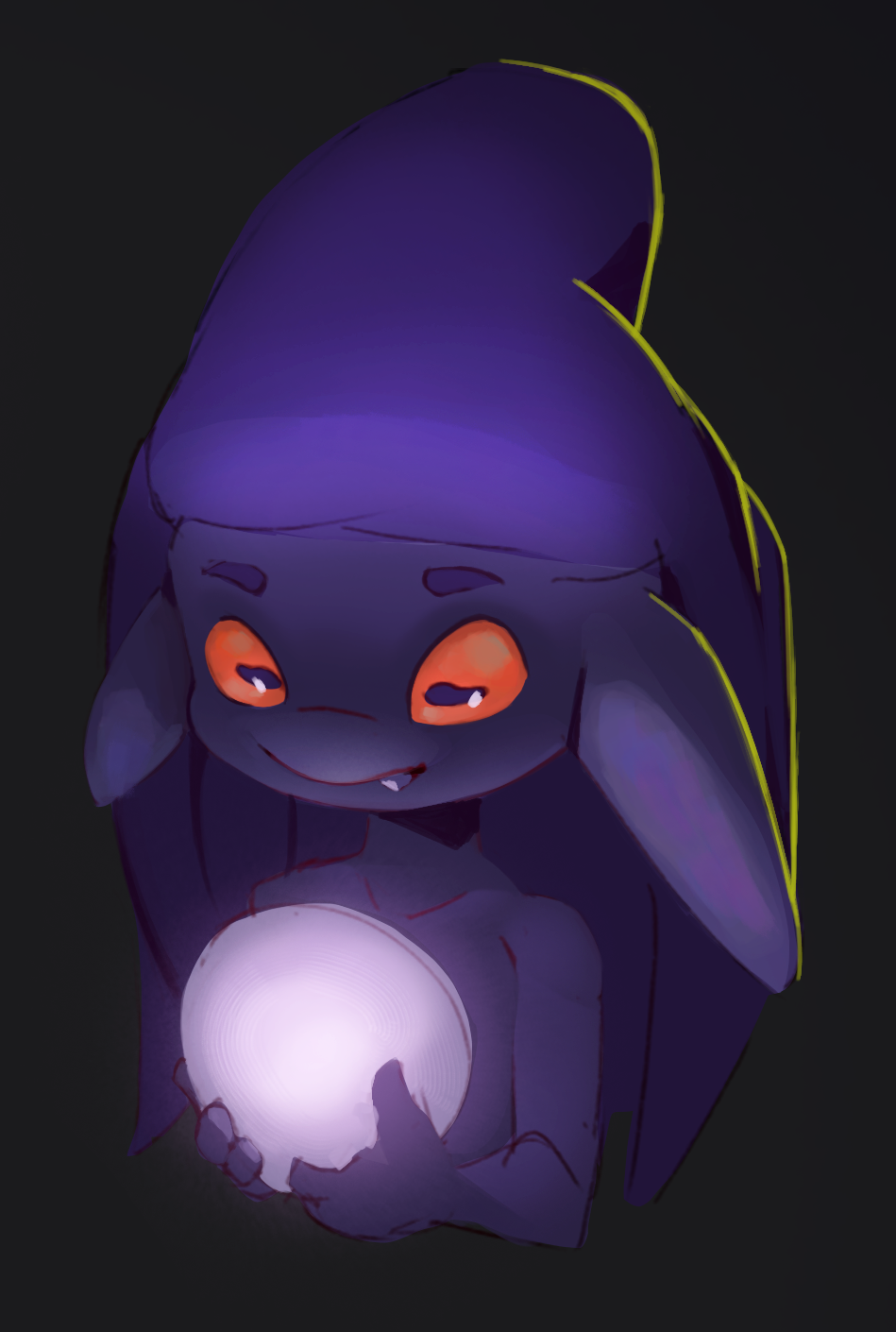 2024 anthro bust_portrait cephalopod coleoid cute_fangs decapodiform eyebrows female grey_background hi_res holding_object horizontal_pupils looking_at_object marine mollusk orange_sclera orb orphira portrait pupils purple_body purple_eyebrows shaded simple_background smile solo