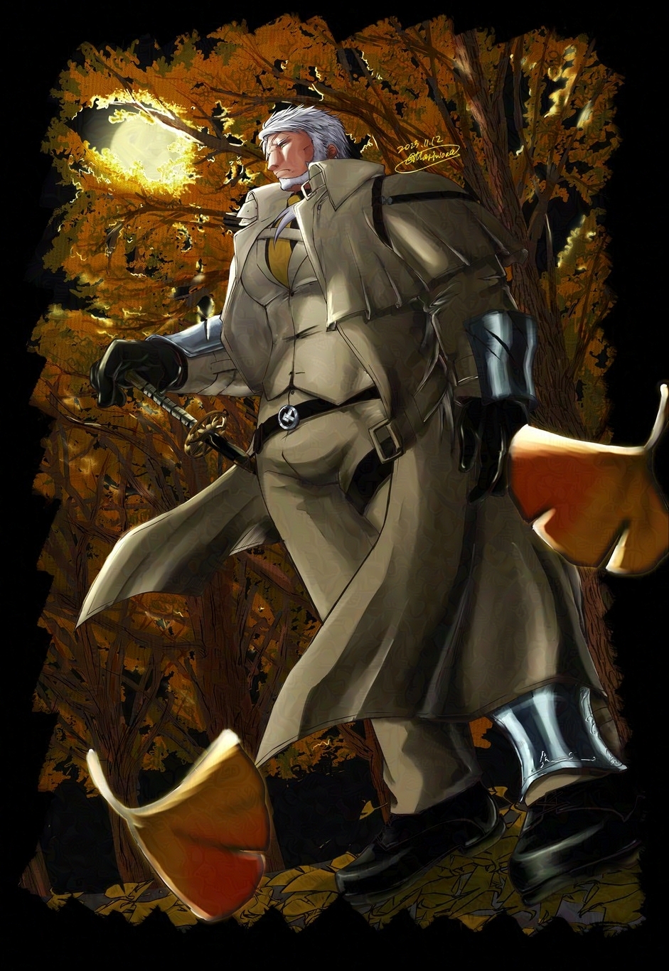 1boy autumn_leaves bara beard black_border border bulge coat collared_shirt cross_scar facial_hair falling_leaves fangs fighting_stance forest full_beard full_body full_moon green_eyes highres kresnik_(housamo) large_pectorals leaf long_hair looking_ahead low_ponytail male_focus mario_(mariwoaa) mature_male moon moonlight muscular muscular_male nature necktie pectorals perspective ready_to_draw scabbard scar scar_on_face scar_on_forehead serious sheath shirt solo standing thick_beard thick_eyebrows tokyo_afterschool_summoners tree white_hair