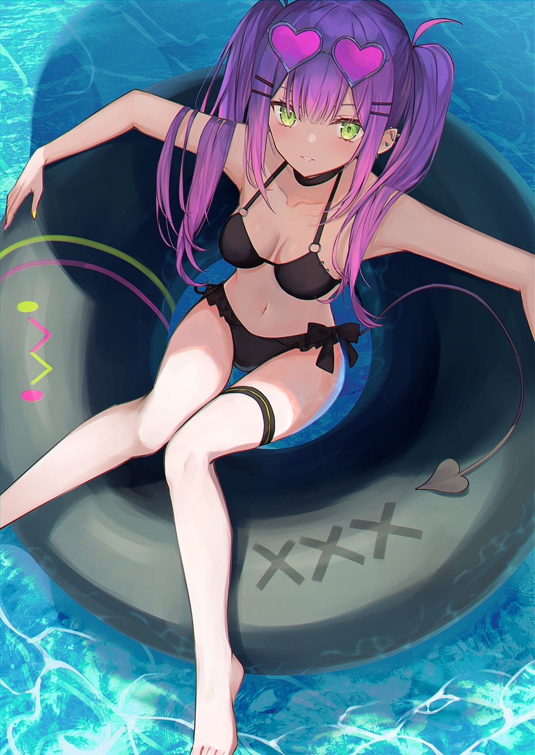 1girl alternate_costume barefoot bibi_(tokoyami_towa) bikini black_bikini breasts breasts_apart commentary demon_girl demon_tail ear_piercing english_commentary feet_out_of_frame from_above gradient_hair green_eyes hair_ornament hairclip highres hololive innertube long_hair looking_at_viewer looking_up medium_breasts multicolored_hair piercing pink_hair pointy_ears purple_hair sidelocks sitting solo spike_piercing swim_ring swimsuit tail thigh_strap tokoyami_towa twintails virtual_youtuber water xyunx