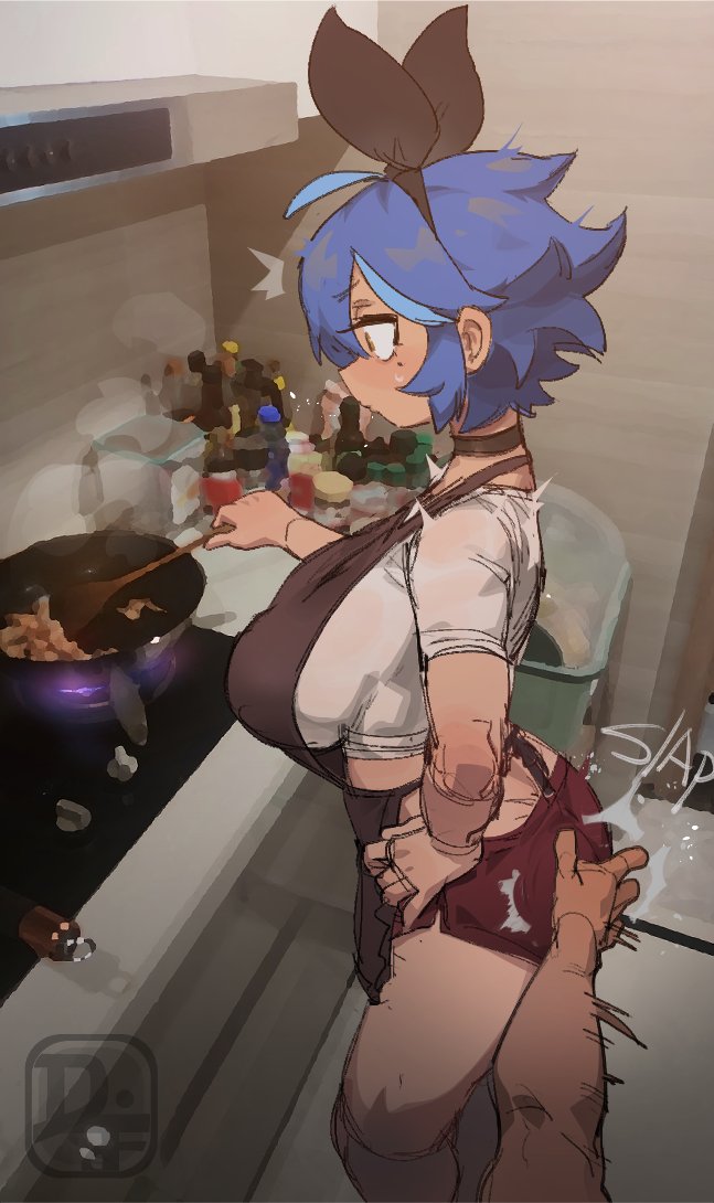 1girl ahoge apron ass black_apron black_choker black_hairband blurry blurry_background breasts choker commentary cooking crop_top dif_(difman) difman dolphin_shorts english_commentary food frying_pan hairband hand_on_own_hip indoors kitchen large_breasts mole mole_under_eye orange_eyes original pov pov_hands red_shorts shirt short_hair short_shorts shorts solo_focus spanking surprised thighs variant_set white_shirt wooden_spoon