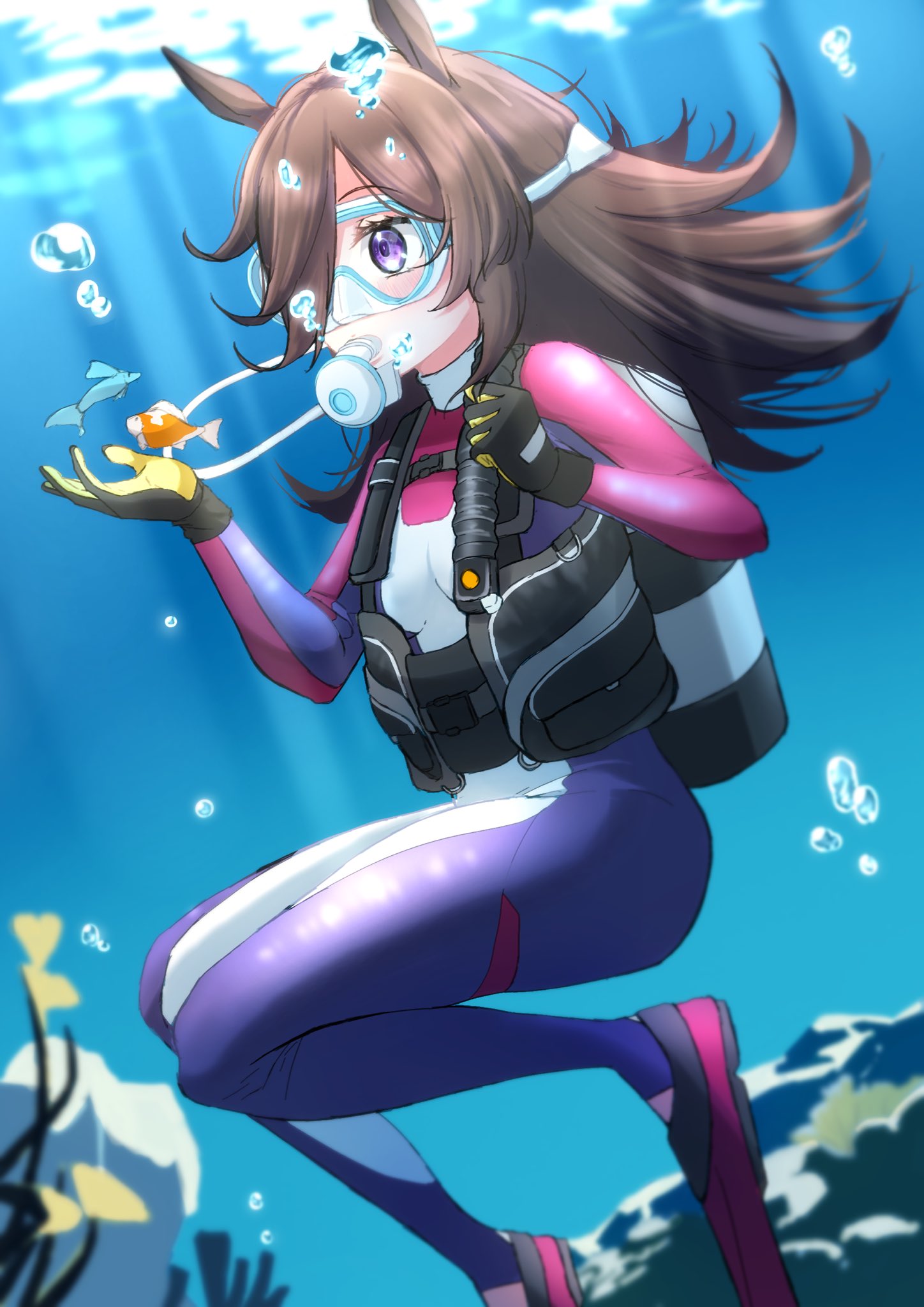 air_bubble animal_ears black_gloves bodysuit brown_hair bubble commission diving diving_mask diving_regulator diving_suit fish flippers gloves goggles hair_over_one_eye highres horse_ears horse_girl hose long_hair multicolored_clothes multicolored_gloves othiwo oxygen_tank purple_eyes rice_shower_(umamusume) scuba scuba_gear scuba_tank skeb_commission stirrup_swimwear submerged umamusume underwater wetsuit yellow_gloves