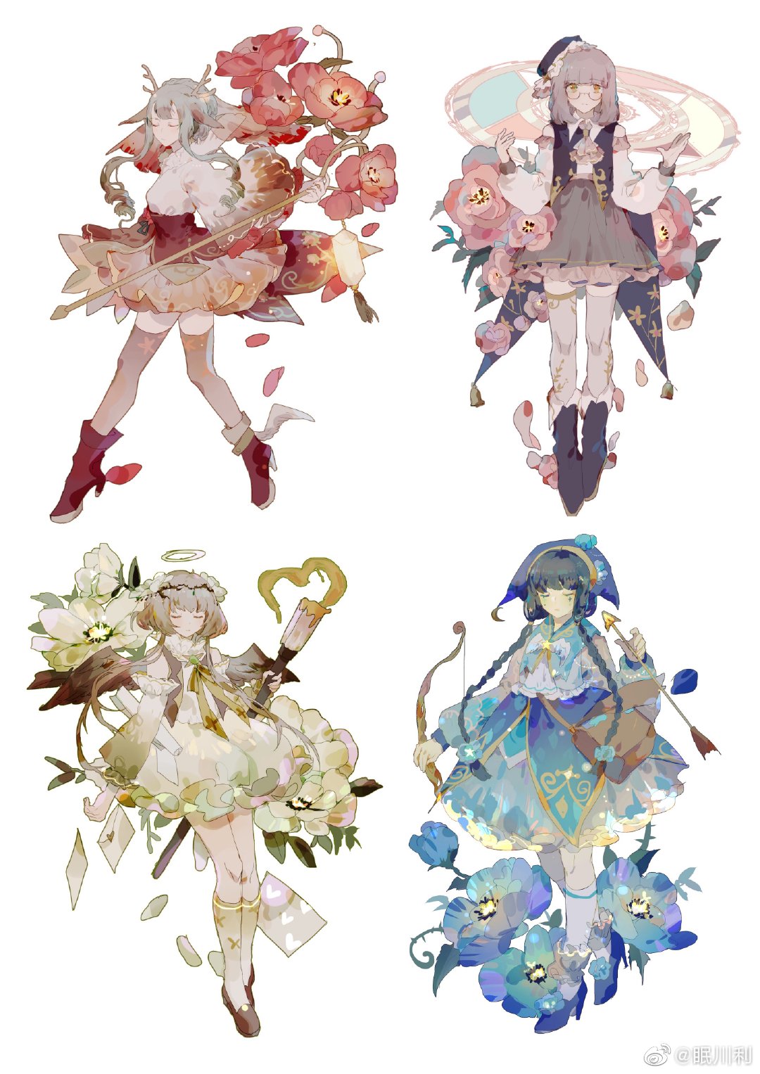 4girls anemone_(flower) angel angel_wings animal_ears antlers arrow_(projectile) ascot bag bare_shoulders black_headwear blonde_hair blue_capelet blue_flower blue_footwear blue_headwear blue_jacket blue_skirt boots bow bow_(weapon) bowtie brown-framed_eyewear brown_bag brown_footwear brown_sleeves brown_socks brown_vest brown_wings bubble_skirt capelet chinese_commentary closed_eyes closed_mouth collar collared_dress collared_shirt commentary_request corset crescent crescent_hat_ornament cross_print deer_antlers deer_ears deer_girl detached_sleeves dress expressionless falling_petals floral_print flower frilled_collar frilled_dress frilled_hat frilled_sleeves frills frown full_body glasses gradient_legwear gradient_sleeves grey_hair grey_skirt grey_thighhighs hair_flower hair_ornament halo hands_up hat hat_ornament heart high-waist_skirt high_collar high_heel_boots high_heels highres holding holding_arrow holding_bow_(weapon) holding_paintbrush holding_staff holding_weapon jacket jester_cap kneehighs lantern layered_skirt leaf lobelia_(saclia) long_sleeves love_letter magic_circle marking_on_cheek miniskirt multiple_girls open_clothes open_vest original paint paintbrush pansy petals pink_flower pleated_skirt puffy_long_sleeves puffy_sleeves red_corset red_flower red_footwear red_sleeves see-through_thighhighs shirt shoes short_dress short_hair_with_long_locks shoulder_bag sidelocks simple_background single_wing skirt sleeveless sleeveless_dress sleeveless_jacket socks staff tassel thighhighs thorns two-tone_sleeves vest watermark weapon weibo_logo weibo_username white_ascot white_background white_collar white_dress white_flower white_shirt white_skirt white_sleeves white_socks white_thighhighs white_veil white_wings wide_sleeves winged_footwear wings yellow_bow yellow_bowtie zettai_ryouiki