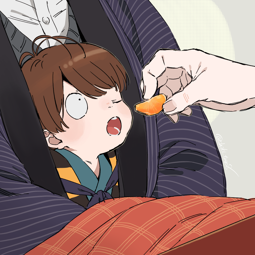 1boy aura blanket brown_hair child feeding food fruit gegege_no_kitarou grey_background hanten_(clothes) holding holding_food kitarou kitarou_tanjou:_gegege_no_nazo kunieda_(miniaturegarden) looking_at_another male_focus mandarin_orange one_eye_closed open_mouth out_of_frame shared_clothes short_hair solo_focus swept_bangs under_covers