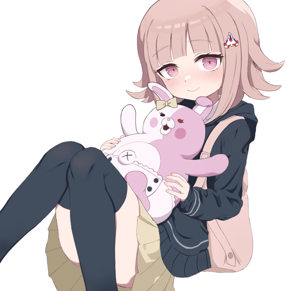 1girl backpack bag black_jacket black_thighhighs blunt_bangs blush bow brown_hair closed_mouth collared_shirt danganronpa_(series) danganronpa_2:_goodbye_despair diaper ear_bow feet_out_of_frame flipped_hair galaga holding hood hood_down hooded_jacket jacket medium_hair miniskirt miura_dogu_(user_jfpz7573) monomi_(danganronpa) nanami_chiaki pink_bag pink_eyes pleated_skirt shirt simple_background skirt smile thighhighs white_background