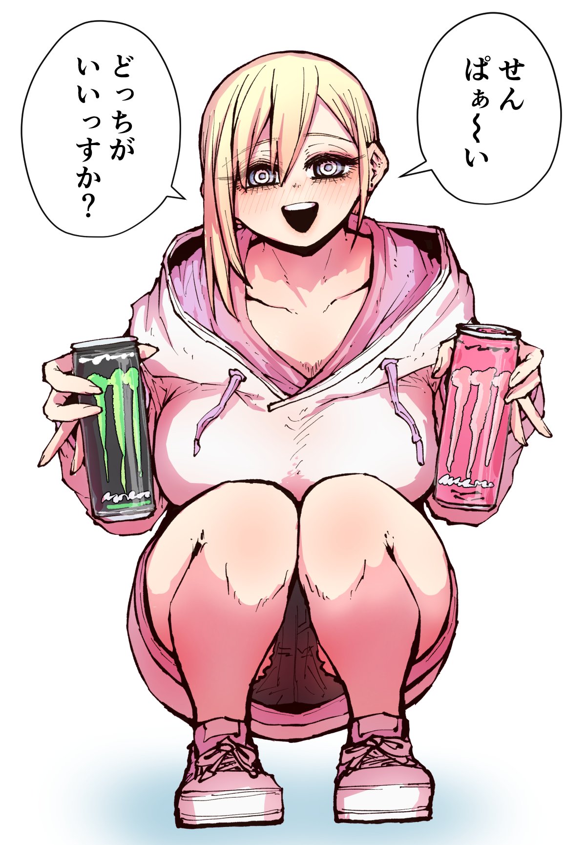 1girl :d asymmetrical_hair black_shorts blonde_hair blue_eyes breasts can commentary_request energy_drink highres holding holding_can hood hoodie kouhai_wa_inkya_agari_no_infuruensaa large_breasts looking_at_viewer monster_energy open_mouth pink_footwear pinky_out shigemori_erin shoes shorts smile sneakers speech_bubble squatting teeth upper_teeth_only white_background white_hoodie zyugoya